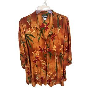 Vtg Womens 2X Floral Orange Top Rayon Button Up Shirt Blouse Hawaiian 90s